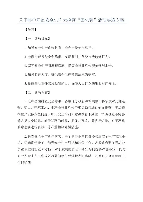 关于集中开展安全生产大检查“回头看”活动实施方案