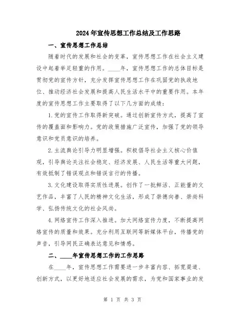 2024年宣传思想工作总结及工作思路