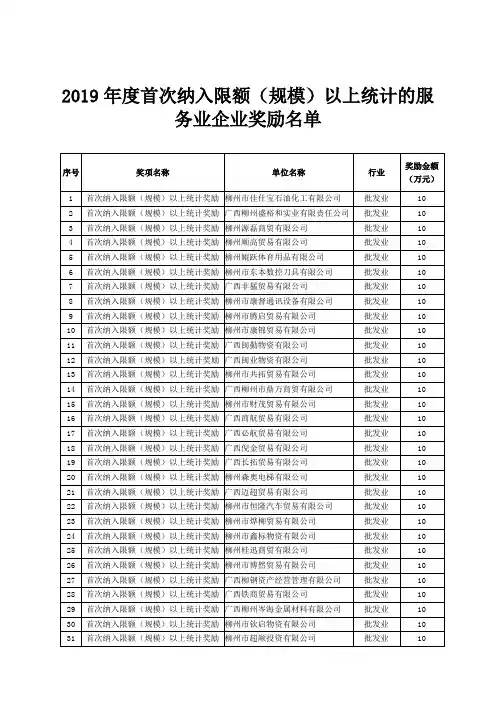 2019年度首次纳入限额(规模)以上统计的服务业企业奖励名单