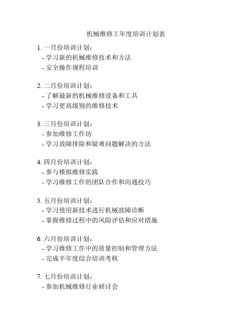 机械维修工年度培训计划表
