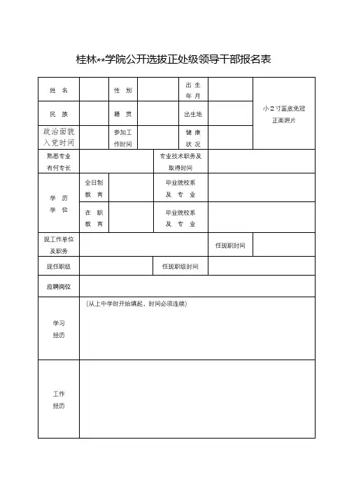 XX学院公开选拔正处级领导干部报名表【模板】