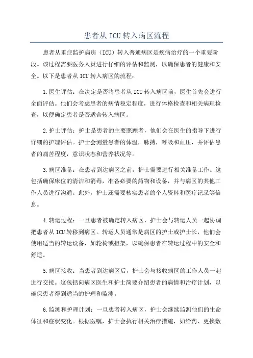 患者从ICU转入病区流程
