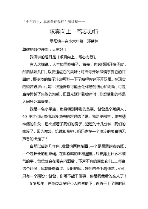 “少年向上,真善美伴我行”演讲稿—求真尚美  笃志力行