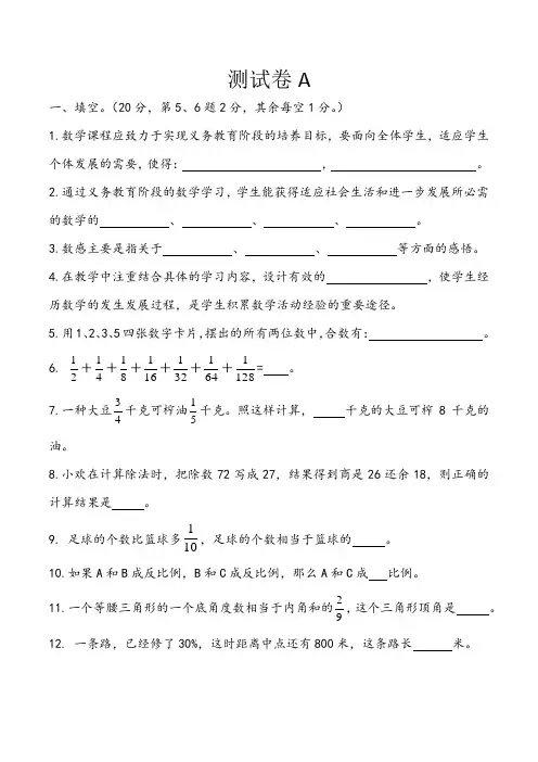 小学数学教师综合素养测评模拟卷A(含答案)