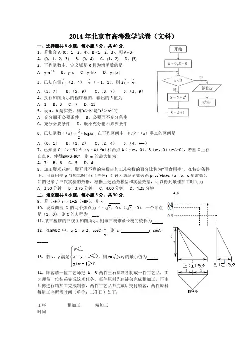 2014年北京文科数学高考试题及答案