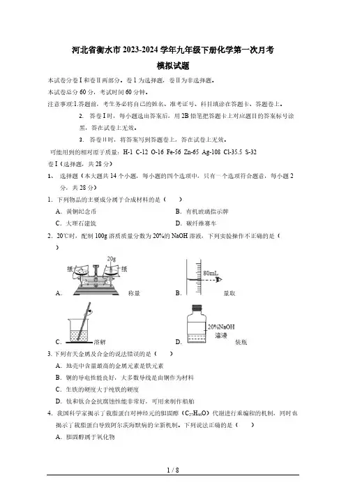 2023-2024学年河北省衡水市九年级下册化学第一次月考模拟试题(有答案)