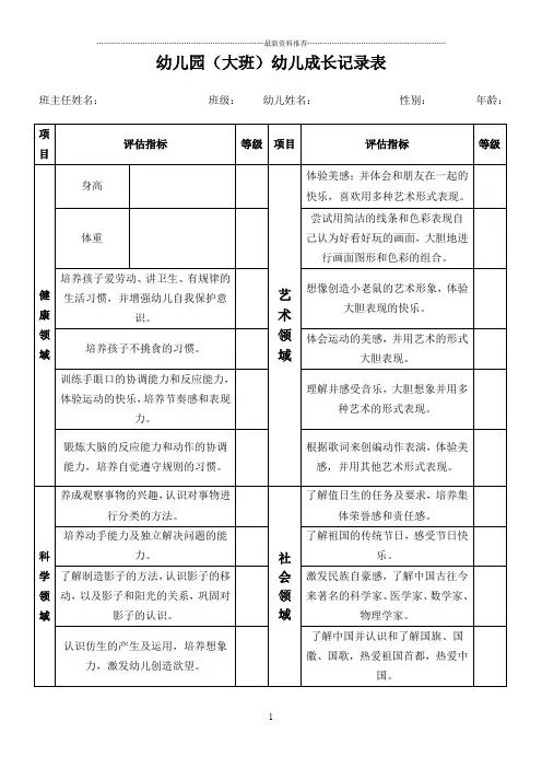 幼儿成长记录表大班精编版