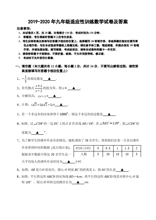 2019-2020年九年级适应性训练数学试卷及答案