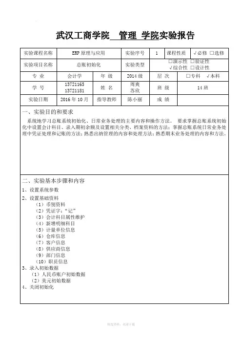 ERP原理与应用总账初始化实验报告