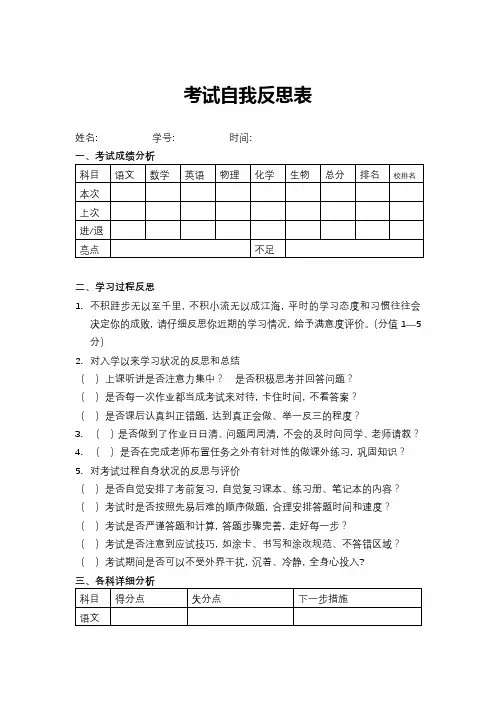 高中考试自我反思表