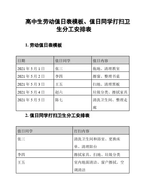 高中生劳动值日表模板、值日同学打扫卫生分工安排表