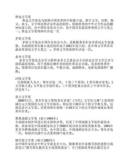 国内外主要文学奖项