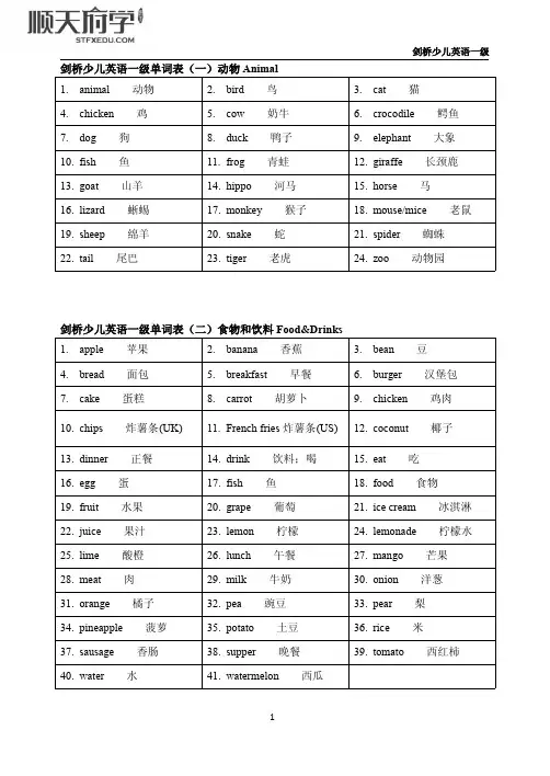 剑桥少儿英语一级词汇表