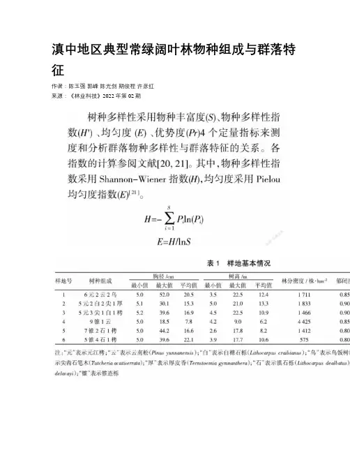 滇中地区典型常绿阔叶林物种组成与群落特征