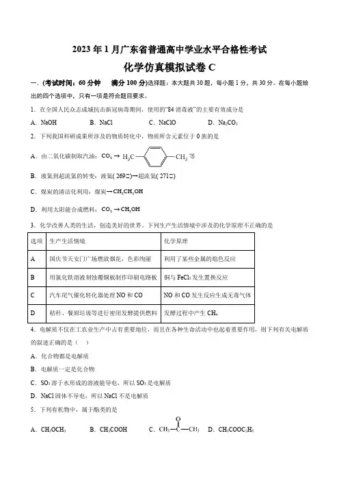 2023年1月广东省普通高中学业水平合格性考试化学仿真模拟试卷C(原卷版)