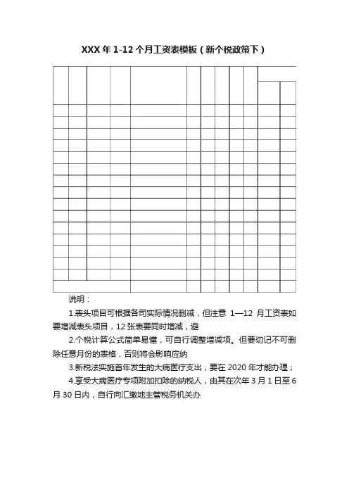 XXX年1-12个月工资表模板（新个税政策下）