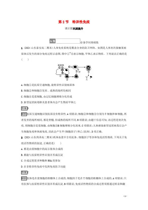 2024_2025学年新教材高中生物第4章免疫调节第2节特异性免疫测评含解析新人教版选择性必修第一册