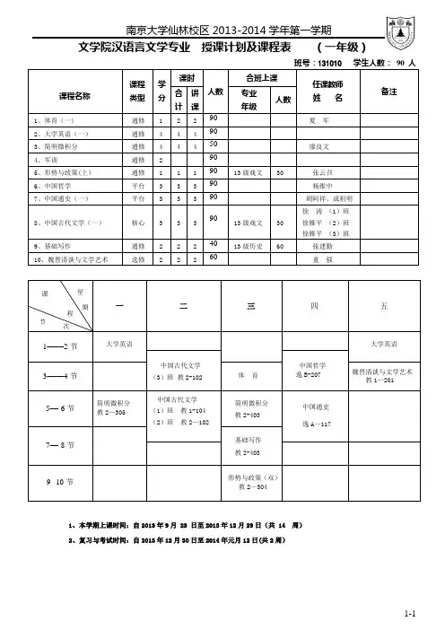 文学院汉语言文学专业-授课计划及课程表-(一年级)