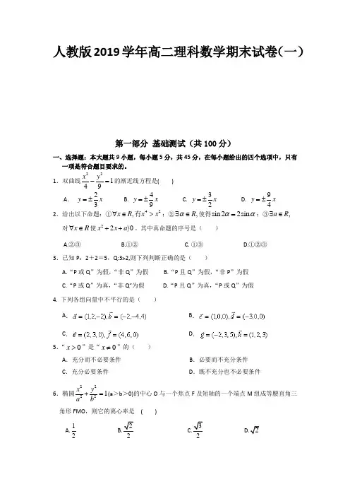 人教版2019学年高二上册理科数学期末试卷含答案(共6套)