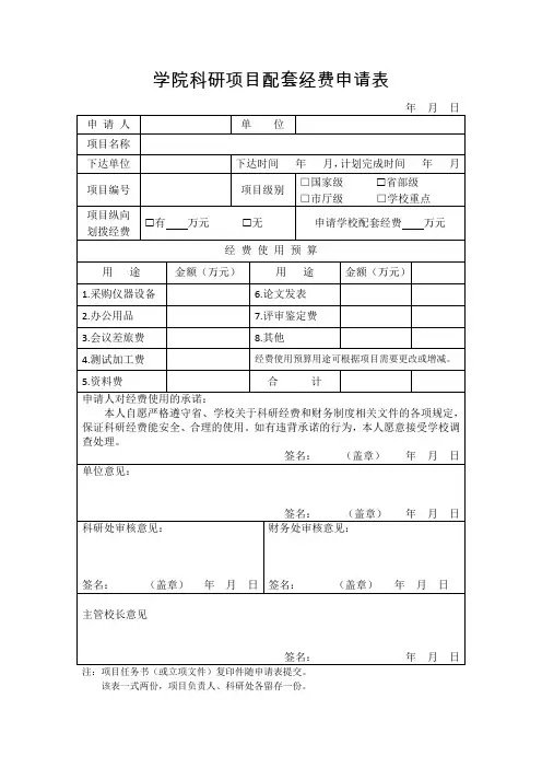 学院科研项目配套经费申请表