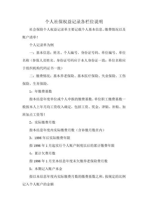 个人社保权益记录各栏位说明