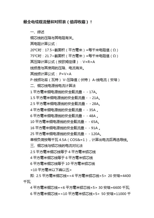 最全电缆载流量和对照表（值得收藏）！