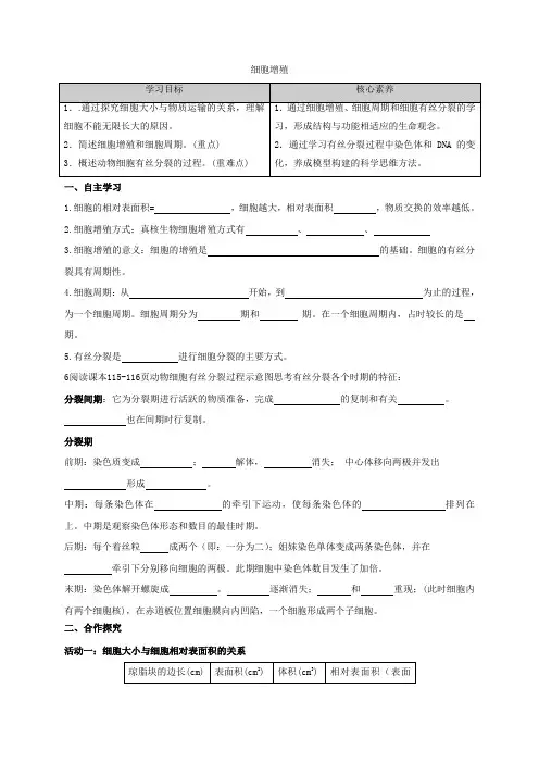 2022-2023学年苏教版(2019)必修一  4-1 细胞增殖  学案