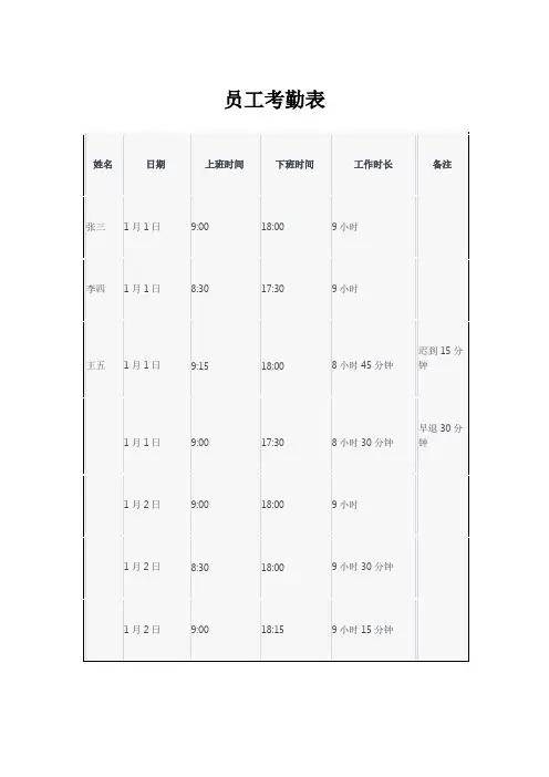 员工考勤表