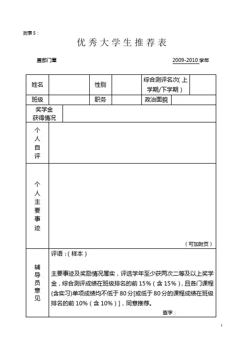 优秀大学生、学生干部等申请表
