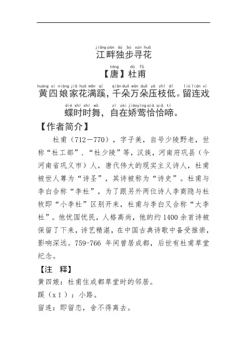 《江畔独步寻花》杜甫.拼音版