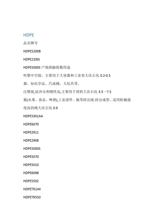 聚乙烯常见牌号及用途