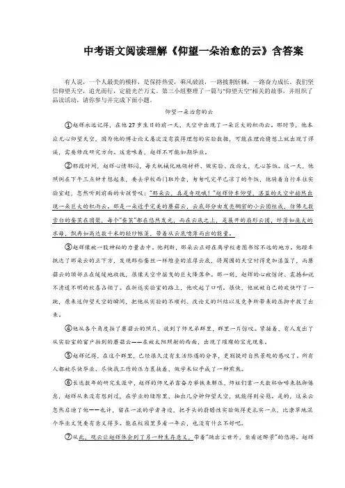 中考语文阅读理解《仰望一朵治愈的云》含答案