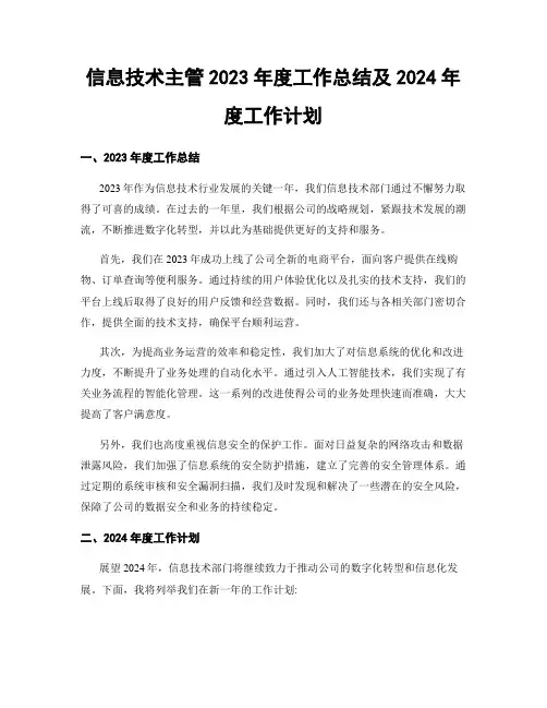 信息技术主管2023年度工作总结及2024年度工作计划