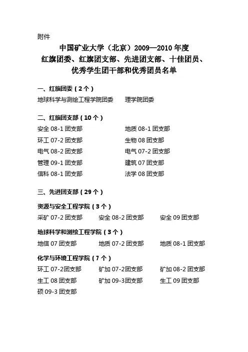 中国矿业大学(北京)2009—2010年度红旗团委,红旗团支部,先进团支部,十佳团员,优秀学生团干部和优秀团员名单