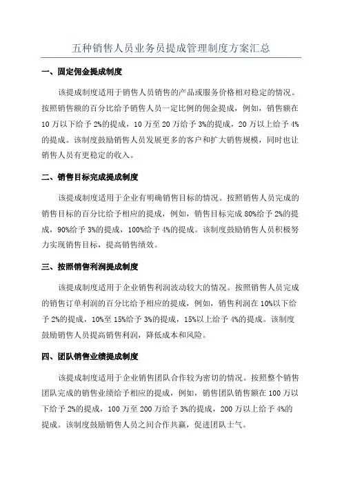 五种销售人员业务员提成管理制度方案汇总