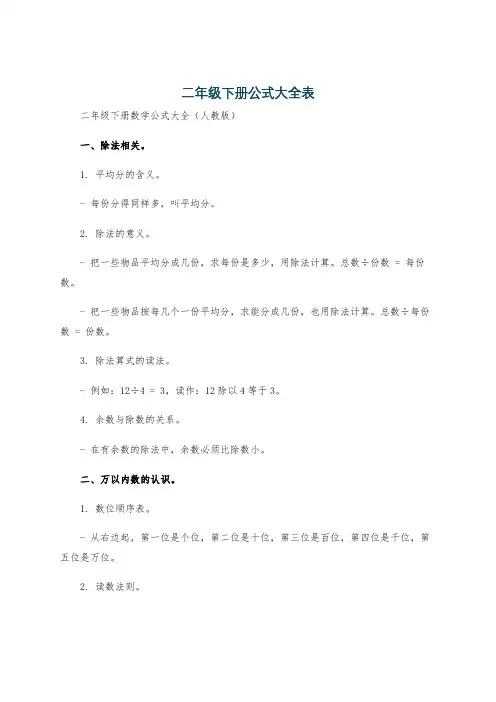 二年级下册公式大全表