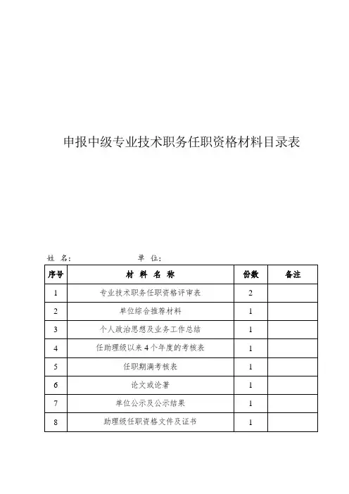 申报中级专业技术职务任职资格材料目录表 .doc