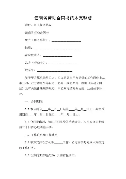 云南省劳动合同书范本完整版
