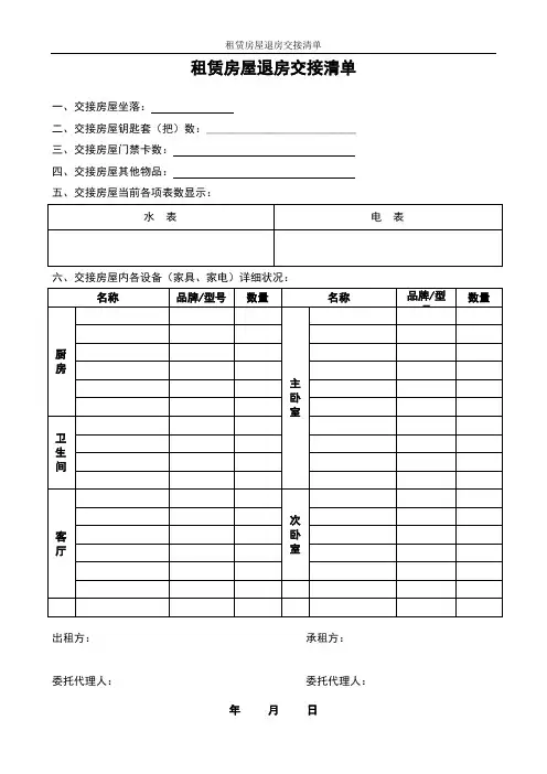 租赁房屋退房交接清单  (最新版)