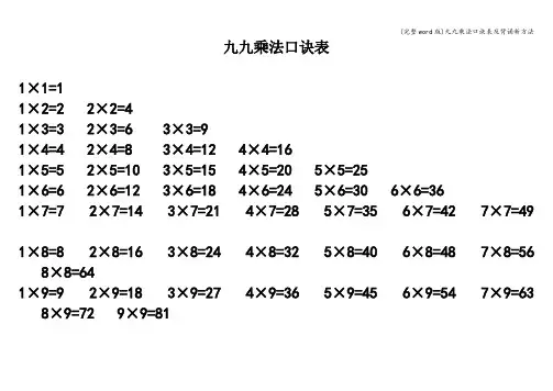 (完整word版)九九乘法口诀表及背诵新方法