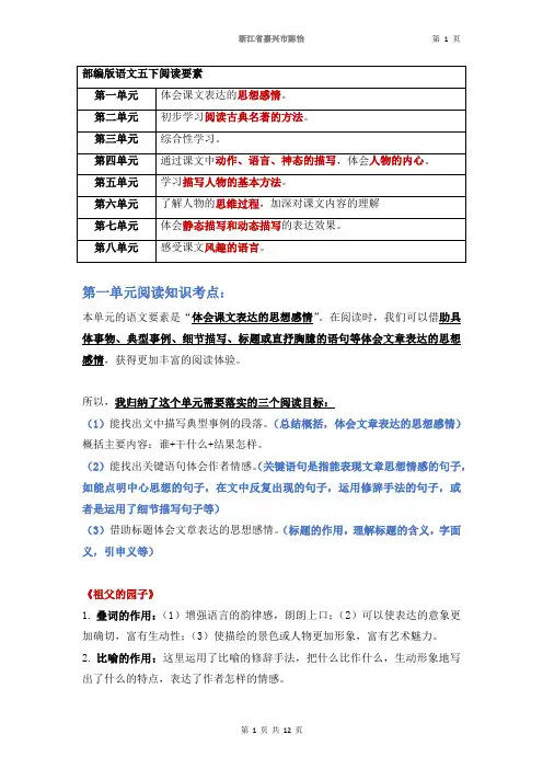 部编版五年级下册语文期末阅读知识点汇总