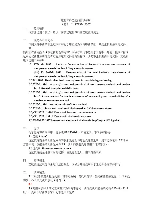 【免费下载】 透明材料雾度的测试标准