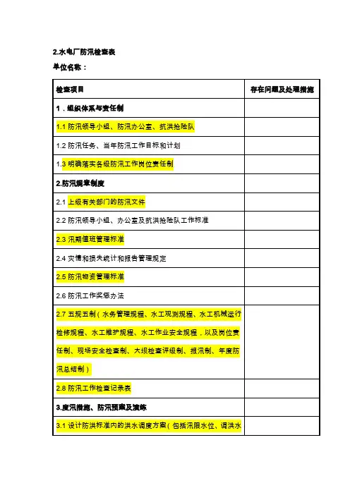 防洪防汛、迎峰度夏专项安全检查表(水工)