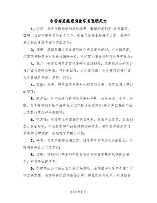 市场部总经理岗位职责说明范文（5篇）