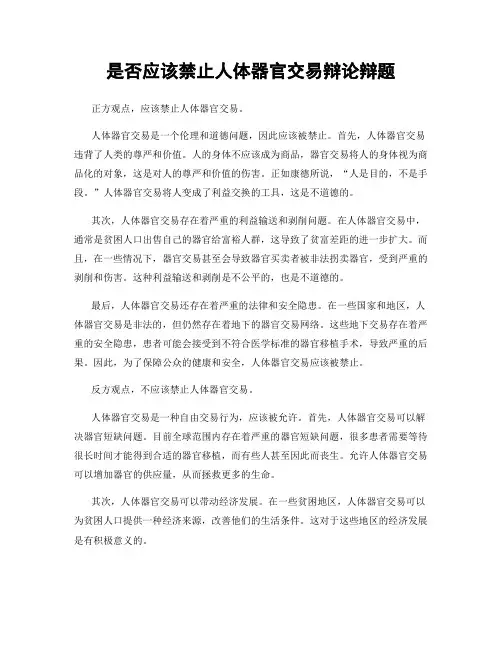 是否应该禁止人体器官交易辩论辩题