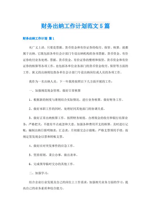 财务出纳工作计划范文5篇