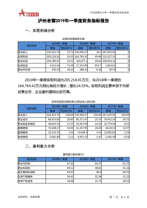 泸州老窖2019年一季度财务指标报告
