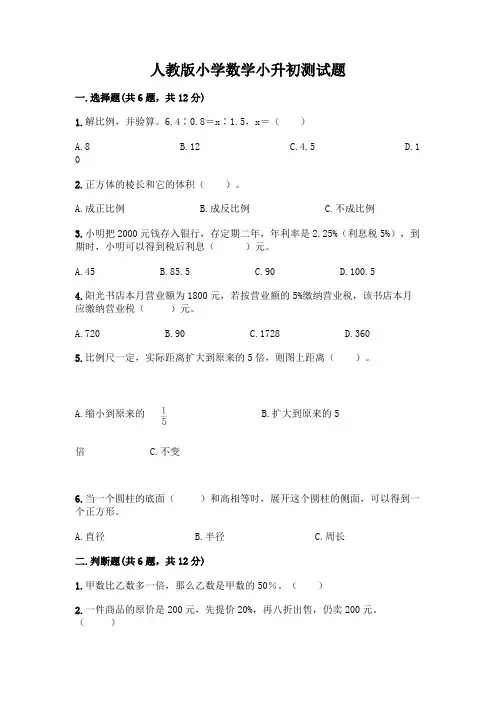 人教版小学数学小升初测试题一套及答案(全国通用)