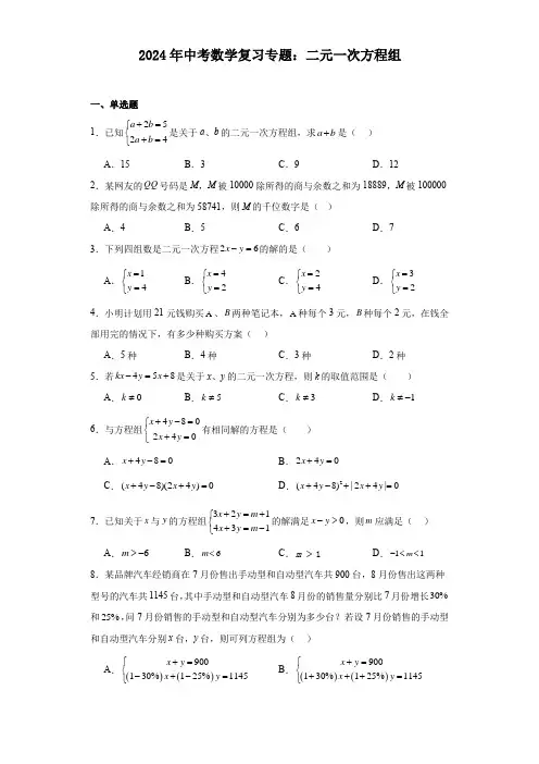 2024年中考数学复习专题：二元一次方程组(含答案)