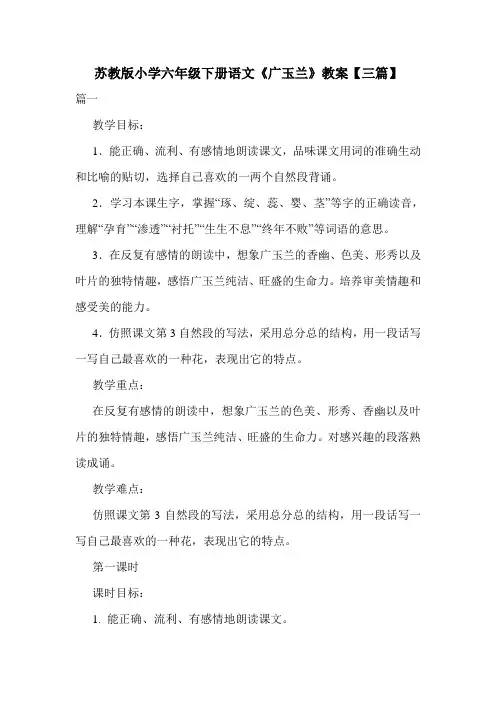 苏教版小学六年级下册语文《广玉兰》教案【三篇】